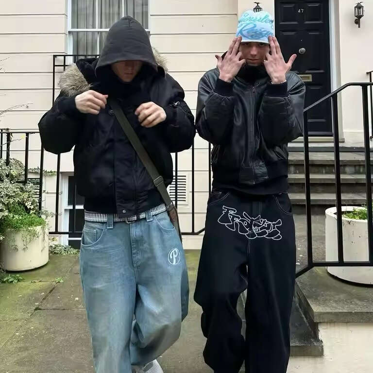 Retro casual men clothing black Designer baggy jeans y2k hip hop Haruku embroidery pattern straight wide leg pants versatile streetwear