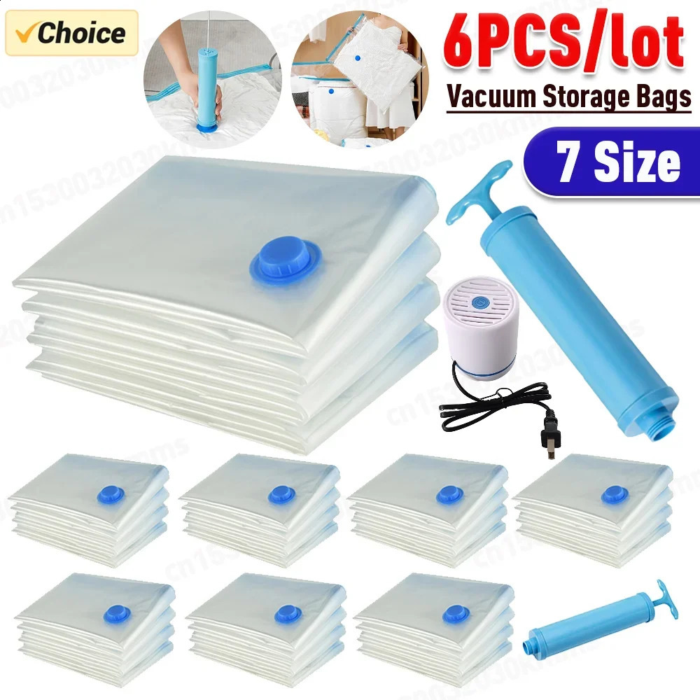 6PCSSet Vacuum Storage Bags with Pump Transparent Folding Compressed Space Saving Bag for Clothes Large Travel Container 240906