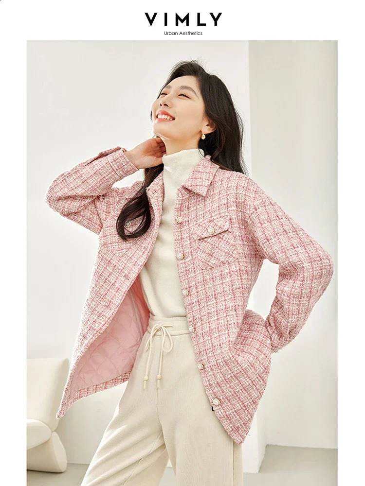 Vimly Winter Pink Tweed Quilted Jackets Women Straight Thick Single Breasted Long Sleeve Overshirts Female Clothing M3599 240904