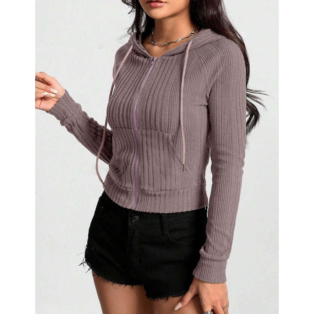 New striped women's top casual loose zipper cardigan long sleeved hooded knitted sweater