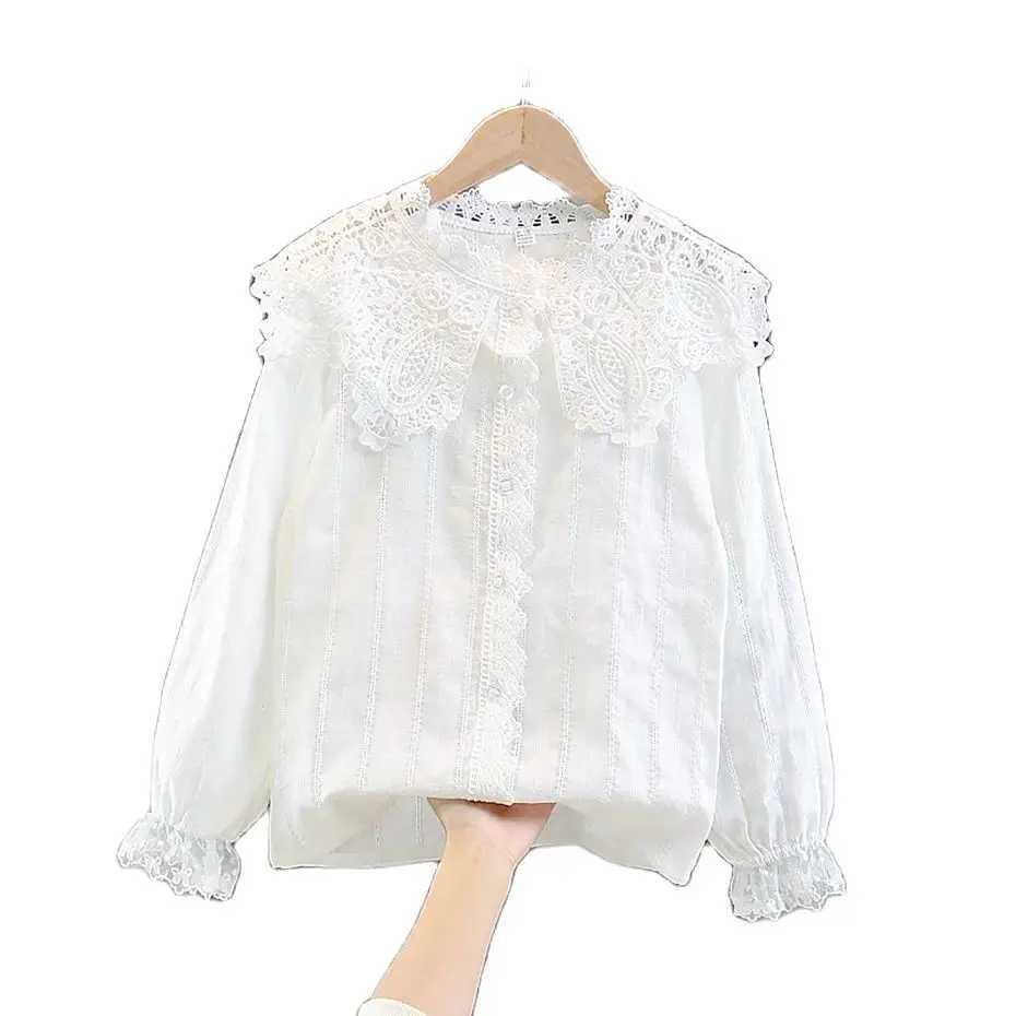 Girls White Blouse Lace Floral Blouse For Girl Long Sleeve Children Blouse Casual Style Teenage Clothes For Girls 6 8 10 12 14 Y240906