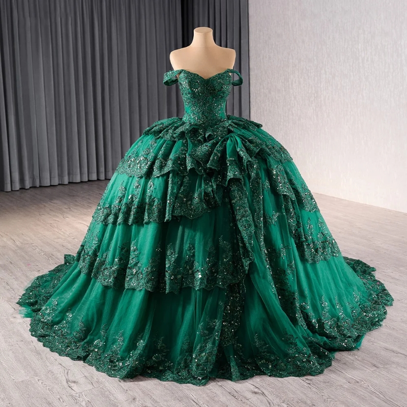 Green Quinceanera Dresses Birthday Party Applique Lace Beading Ball Gown Bridal Sweet 16 Dress vestidos de 15 anos quinceaneras