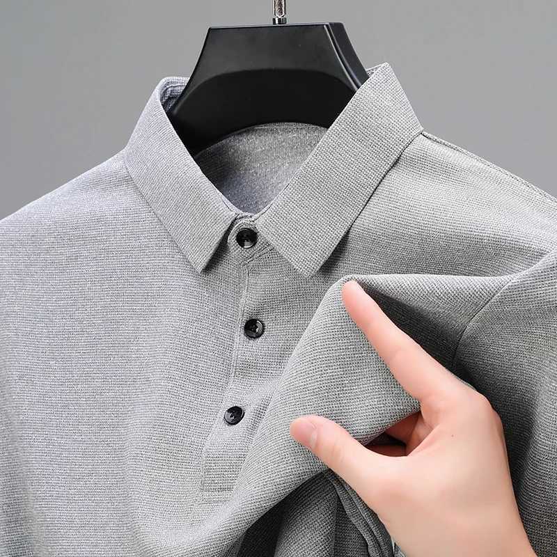 Mens Fashion Waffle Solid Long Sleeved Polo Shirt Summer Breathable Comfortable TopXJ240906
