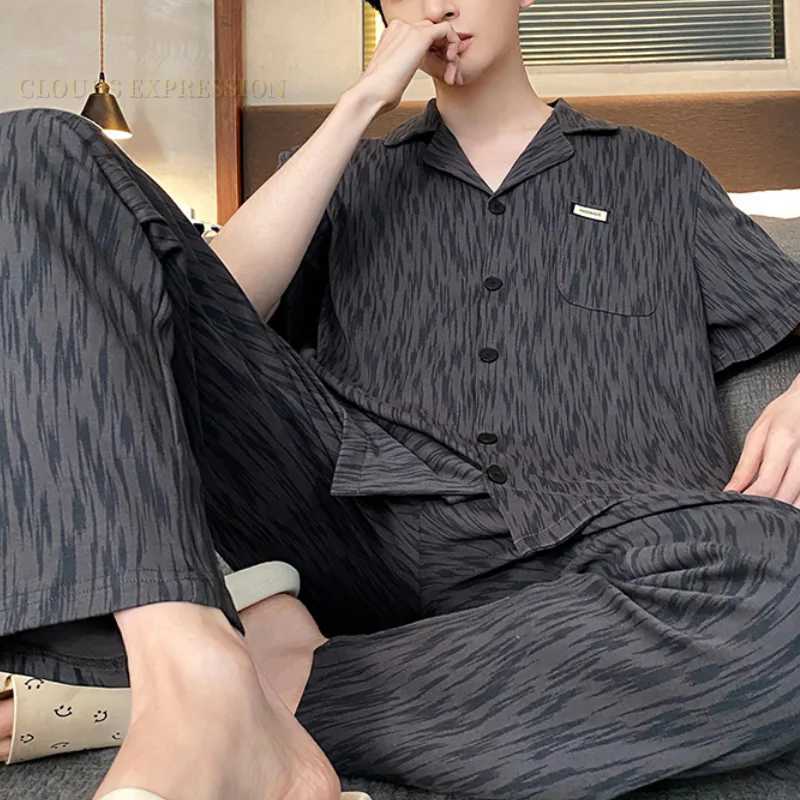 Summer Knitted Plaid Mens Pyjamas Plus 4XL Pajama Sets Casual Pjs Lounge Masculine Sleepwear Nightwear Pijamas Homewear Fashion Y240906