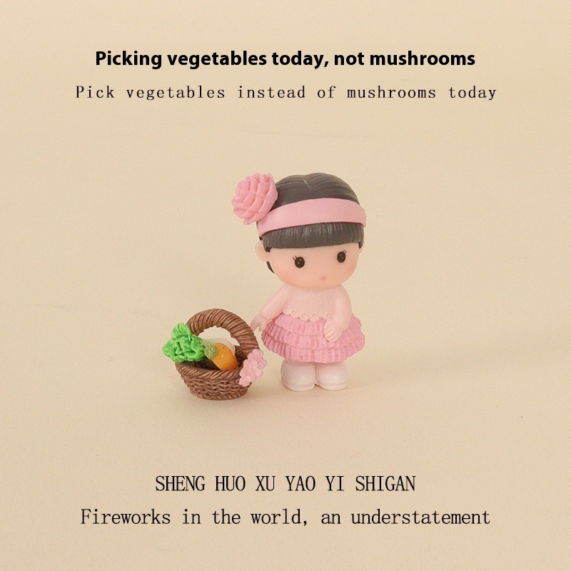 Cartoon Mini House Cute Little Girl Flower Basket Vegetable Micro Landscape Model Home Decoration Desktop Ornament