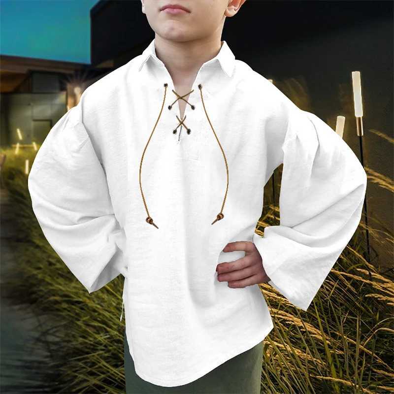 Boys Medieval Pirate Shirt Kids Renaissance Lace up Halloween Scottish Jacobite Ghillie Costume Tops Y240906