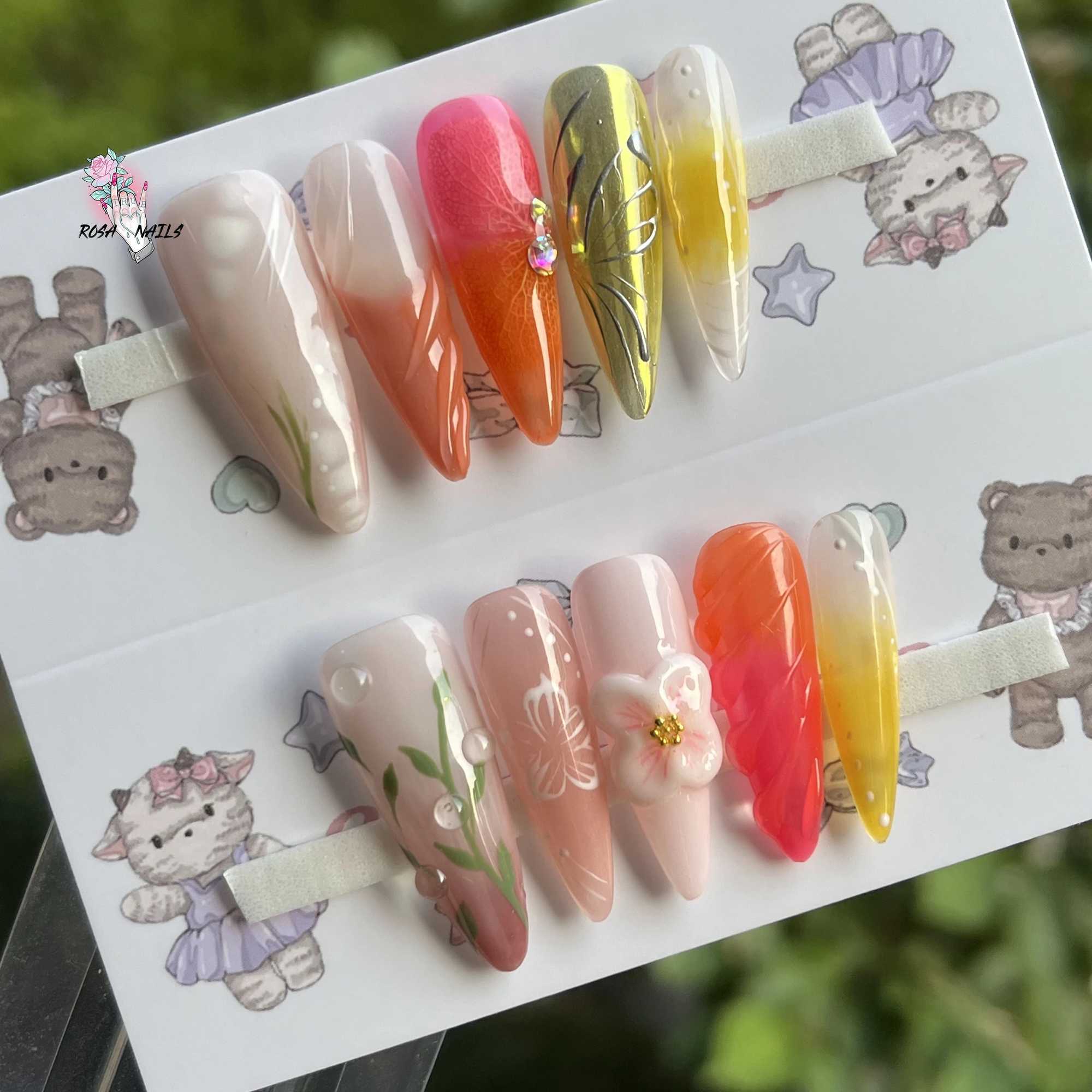 Dry flower Hand pressing nail 3D gel flower y2k Hand painting hibiscus peony Pressing long fine grain acrylic false nail tip W240905