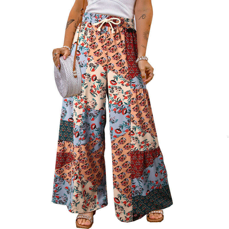2024 new long loose floral color blocked casual pants