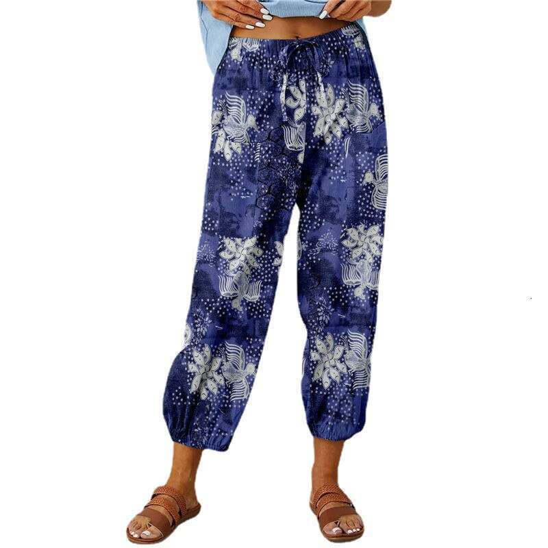 2024 new cotton linen women's high waisted drawstring cropped with elastic waistband and ankle print pants