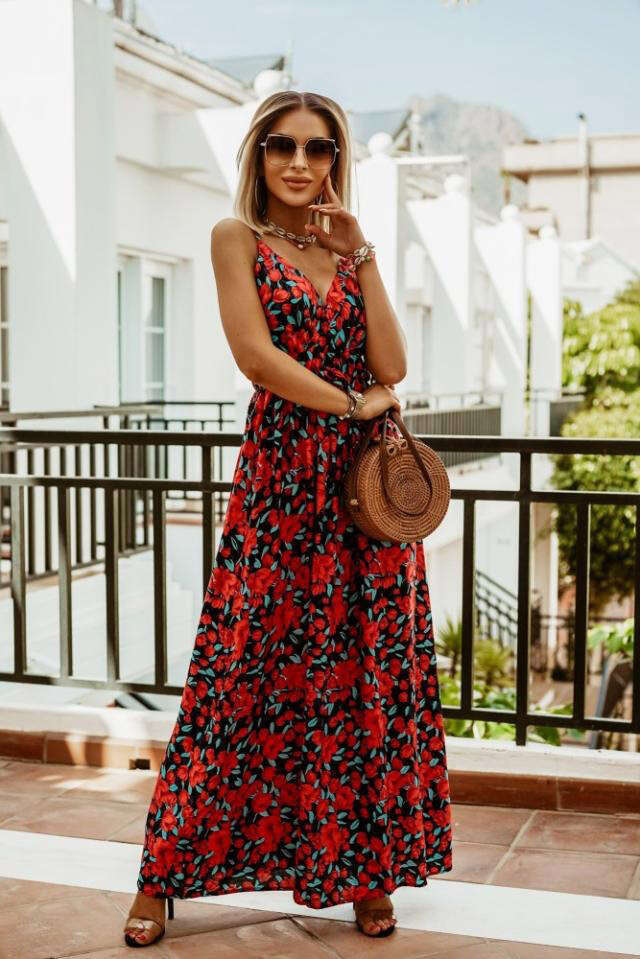 2023 Spring/Summer New V-neck Sleeveless Suspended Strap Printed Bohemian Long Dress