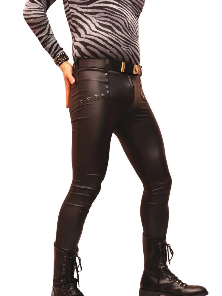 Mens Fashion Eye Rivet Conveyor Bag PU Leather Jeans Tight Pencil Pants Punk Leg Motorcycle Trouser Spodnie Pantalon 240905