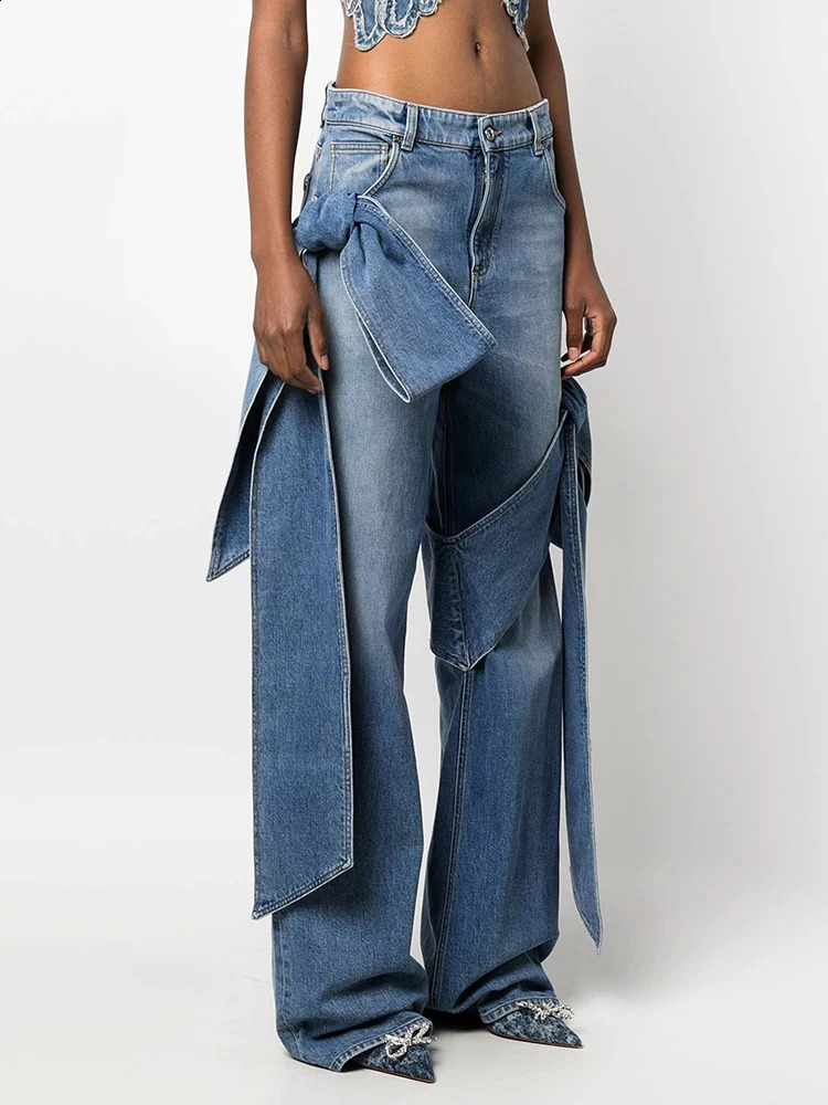 Autumn Womens Jeans Y2k Three way Bow Decorative Wide Leg Jeans Retro Loose Straight Pants 240906