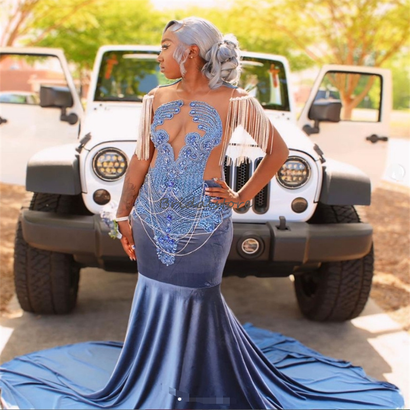 Unique Blue Prom Dresses For Black Girls Rhinestone Beaded Mermaid Velvet Evening Gowns With Tassel 2025 Formal Birthday Party Bespoke Special Occasio