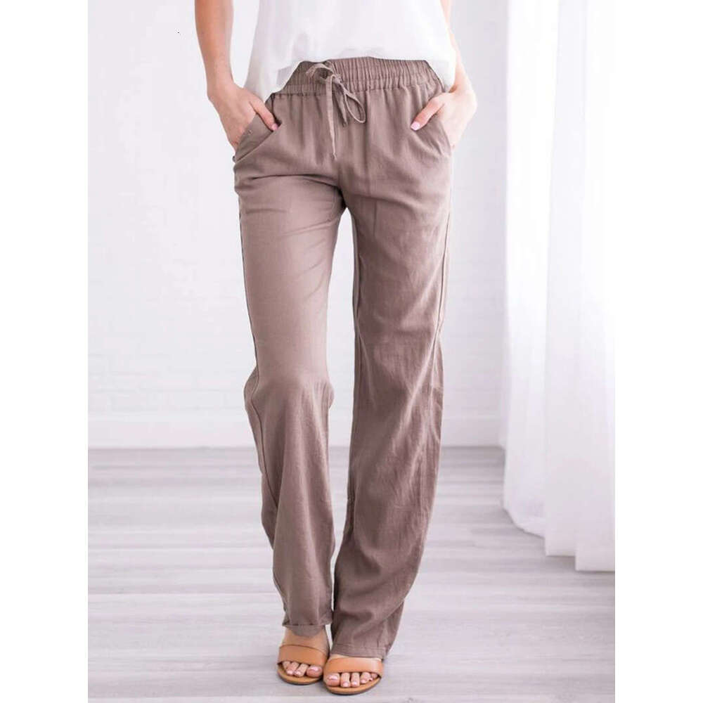 Women's Spring/Summer New Collection Solid Color Cotton and Hemp Drawstring Loose Casual Wide Leg Pants