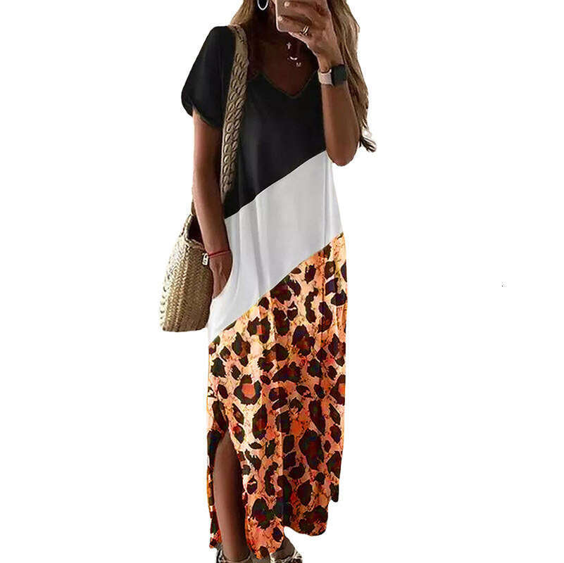 New leopard print side slit T-shirt long women's color matching black and white round neck dress women