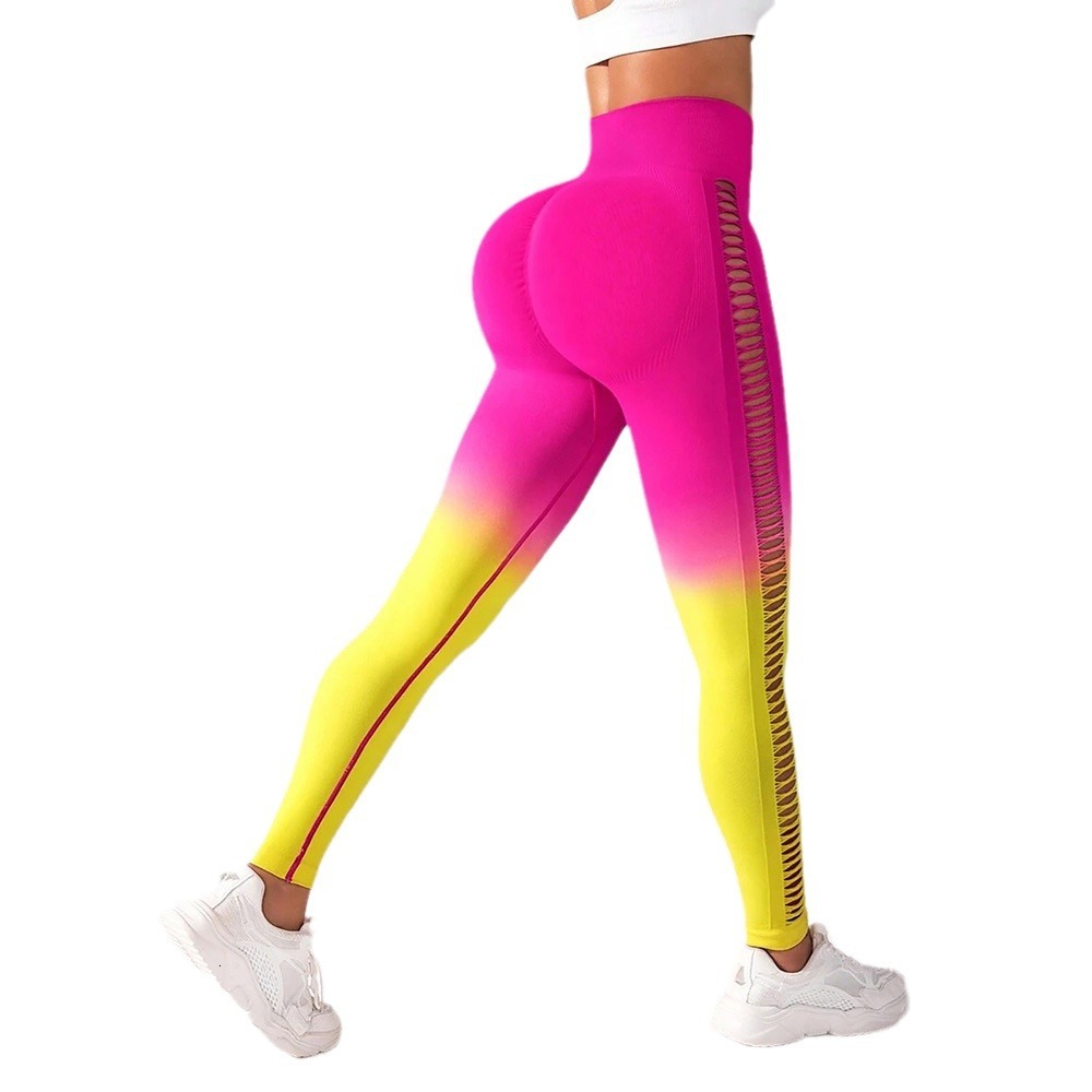Seamless tie dye nude peach hip hollow out quick drying fitness beauty sports yoga pants for women