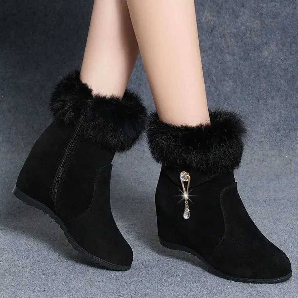 Winter Fashion Womens Wedge Ankle Boots Increase Height Shoes High Heels Metal Rhinestone Botas Mujer 2024 CL240906