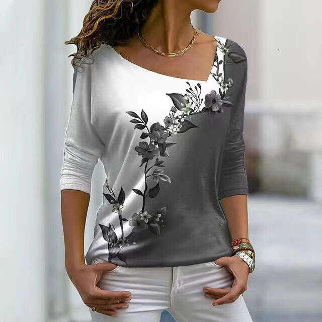 New womens V-neck flower T-shirt spring long sleeved top OZ070 Vogue Female Casual Shirt: Stylish Flowers Adorning a Soft & Flowy Cotton Blend Fabric