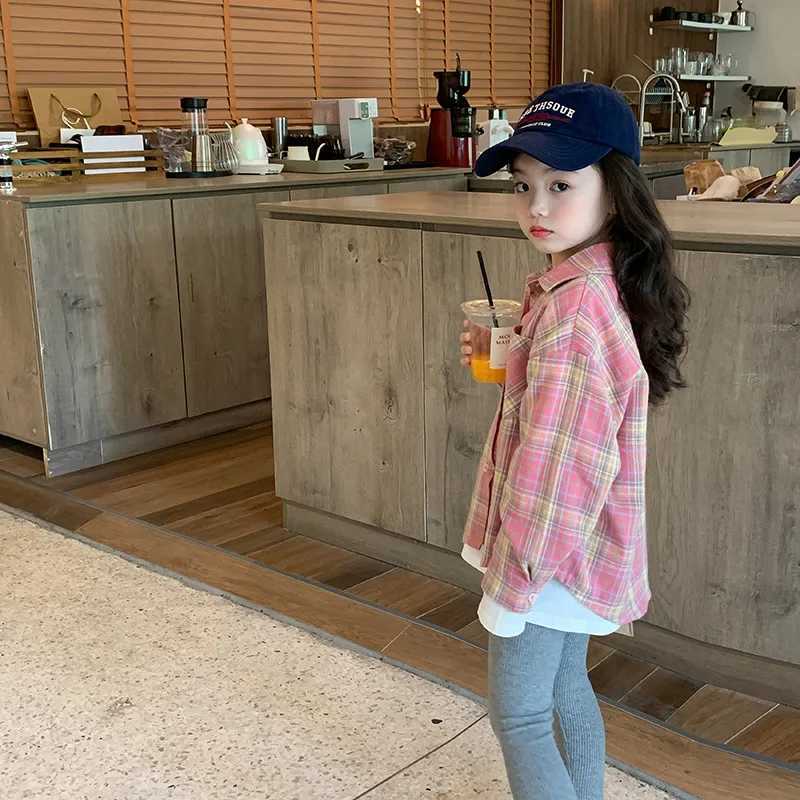 2023 Autumn New Fashionable Pink Plaid Sweet Girls Shirt Top Children Clothing Girls Shirt Coat Korean Style Long Sleeved Y240906
