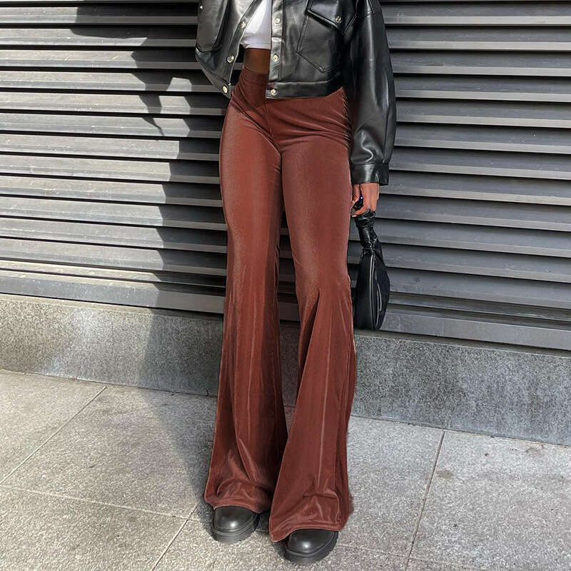 2024 Spring New Solid Color Velvet Elastic High Waist slimming casual micro flared for women's fashion pants