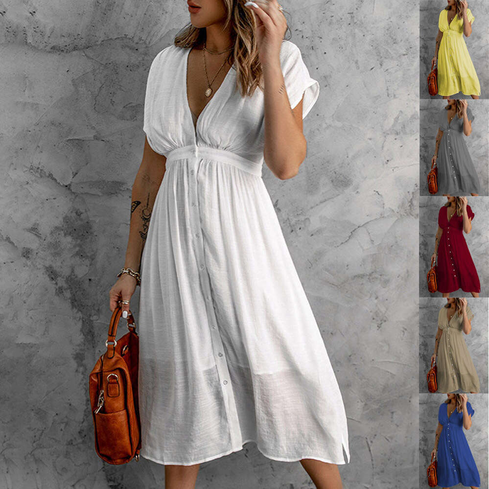 2023 Summer New Double Layer Tulle Solid Color Women's Deep V Short Sleeve Waist Long Dress