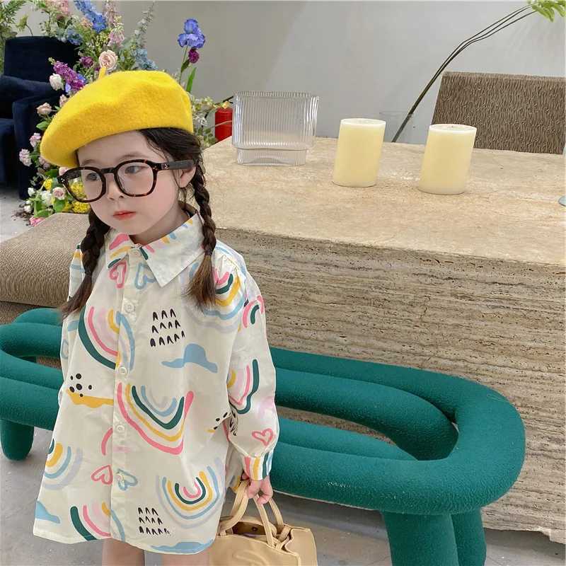 Girls Long Sleeve Shirt Cute Love Long Polo Shirt Baby Kids Top 2023 Spring and Autumn New Fashion Childrens Wear Clothing Y240906