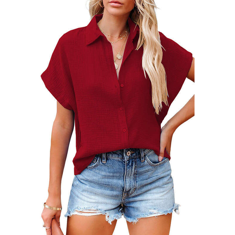 Summer women's V-neck breasted solid color shirt Women's ruffle loose short sleeved T-shirt top Women