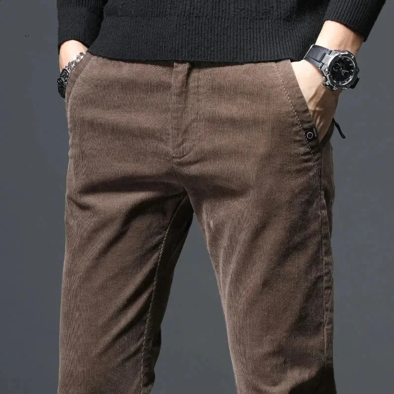 Autumn Winter Mens Retro Corduroy Casual Pants Business Fashion Solid Color Elastic Regular Suitable for Trousers 240905
