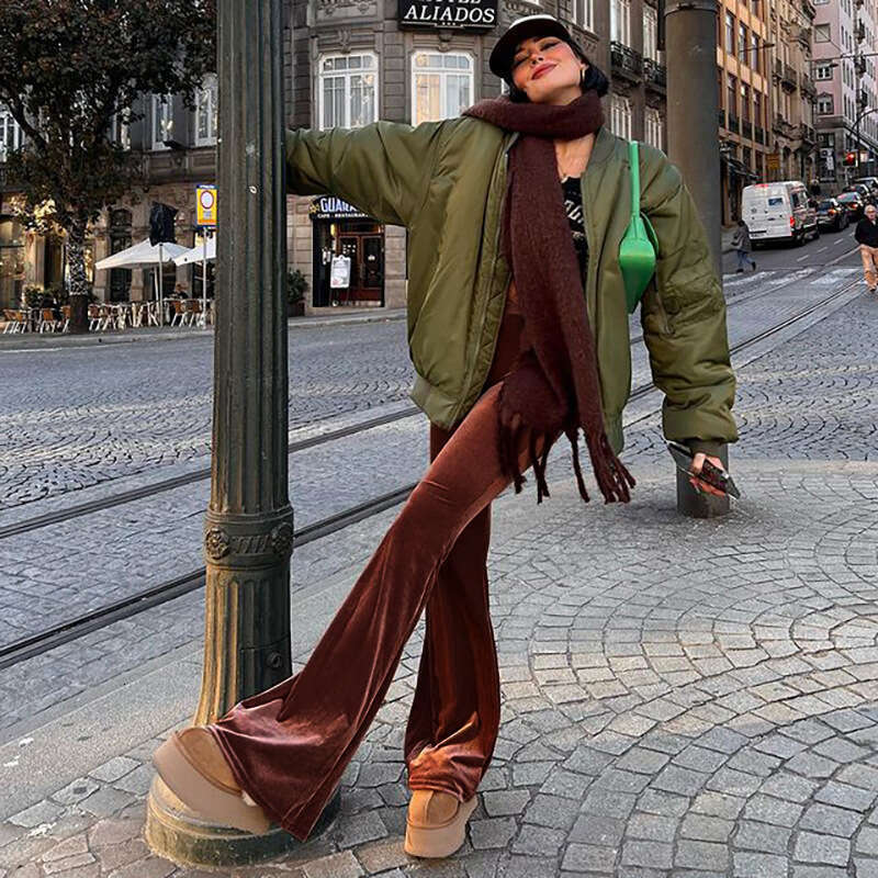 2024 Spring New Solid Color Velvet Elastic High Waist slimming casual micro flared for women's fashion pants