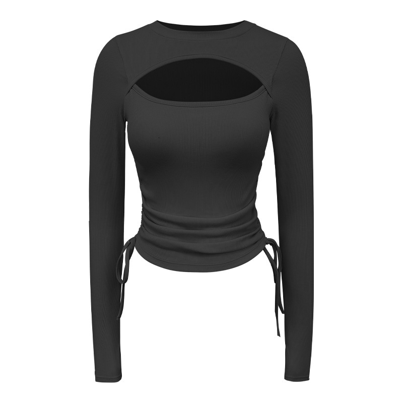 Yoga outfit women's new design sense hollow knitted base shirt, sports breathable drawstring tight long sleeved T-shirt top