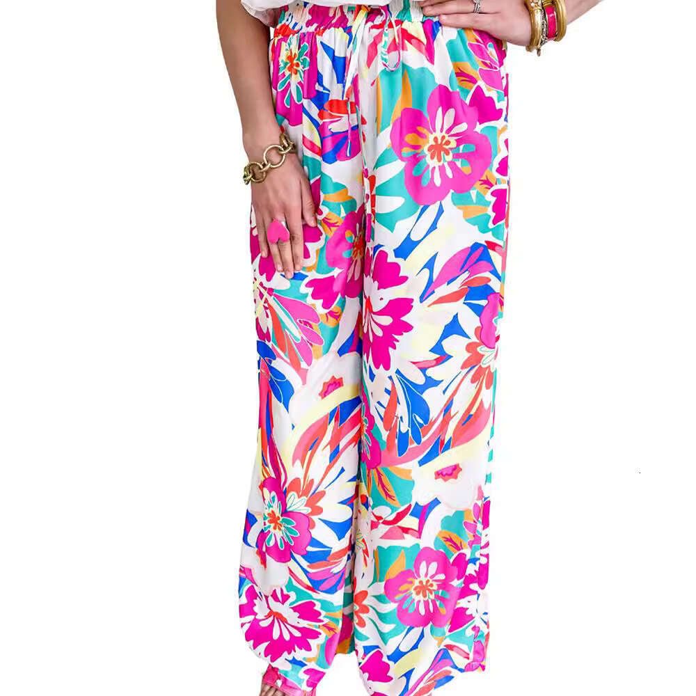 2024 Spring and Autumn New Flower Printed Wide Women, Casual Loose, Meat Covering Straight Leg Pants for Women