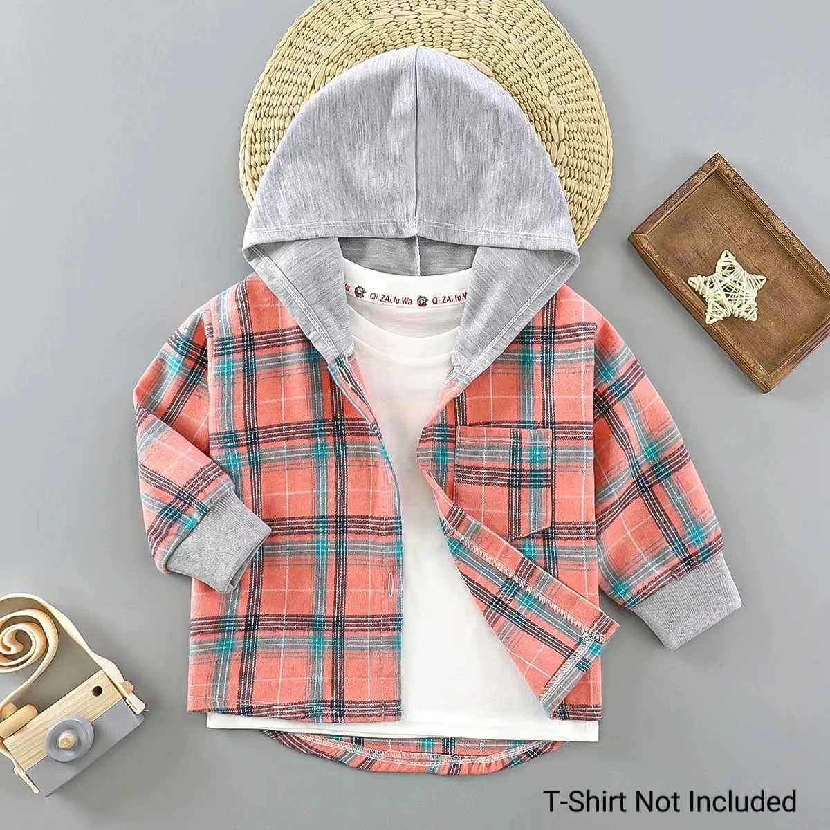 New Childrens Spring And Autumn Shirts Children Boys Hooded Plaid Shirts Baby Girl Long-Sleeved Square Bottoming Jacket Tops Y240906