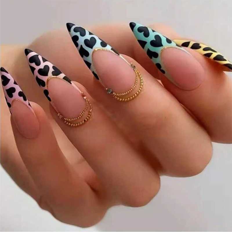 Almond Shaped Handmade Wear Colored Matte Leopard print Pearl Hot Girl French Holiday Nail Tool Free Kit W240905