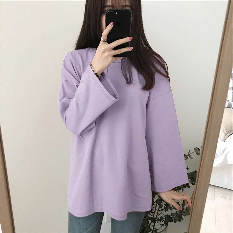Womens autumn winter Korean version new solid color round neck long sleeved T-shirt womens loose and versatile base shirt top