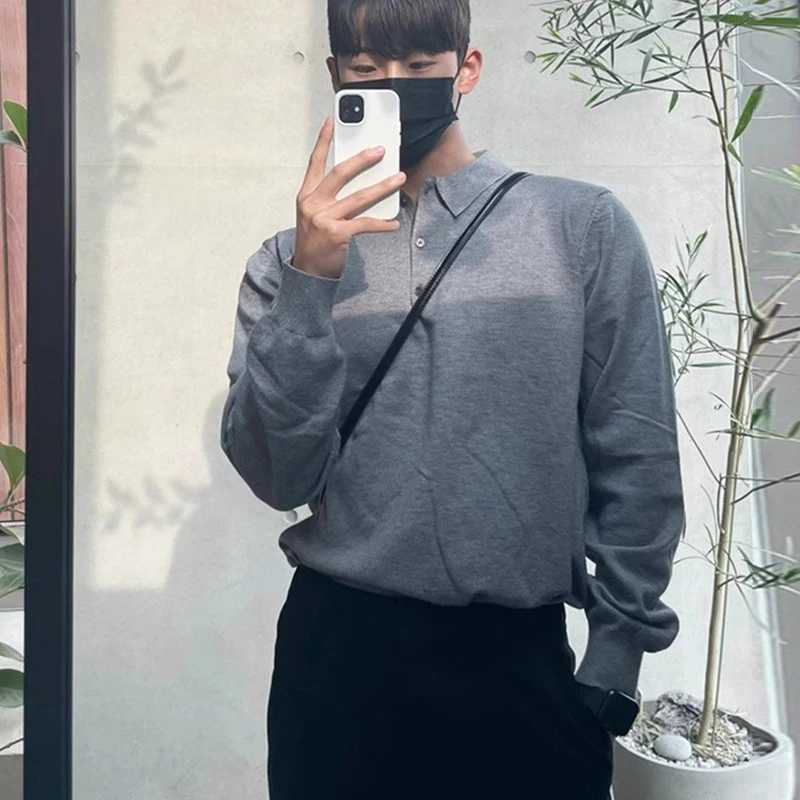 Mens Clothing Light Luxury Knit Polo Shirt Long Sleeve Solid Color Pullover Sweater Korean Retro Popular Leisure Knitwear M-3XLXJ240906