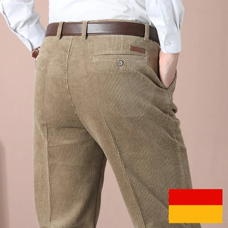 Double pleated Corduroy mens pants autumn thick straight loose khaki black casual 240905
