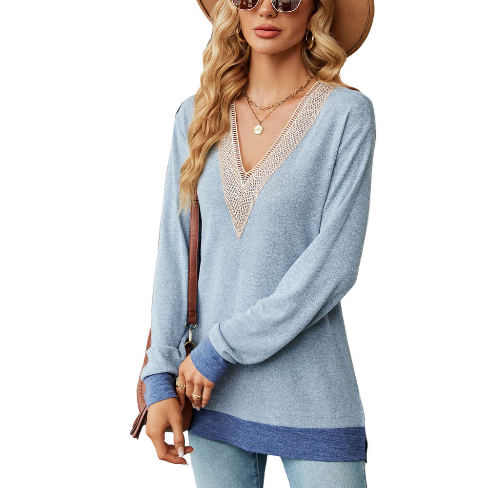 2024 Autumn/Winter Lace V-Neck Contrast Split Loose Sleeve T-shirt Top for Women