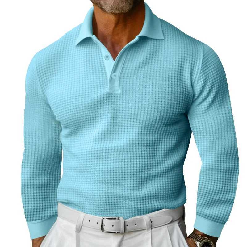 2024 New Business Casual Mens Polo Shirt Waffle Fabric Lapel Button Solid Color Long Sleeve Daily Simple Mens ClothingXJ240906