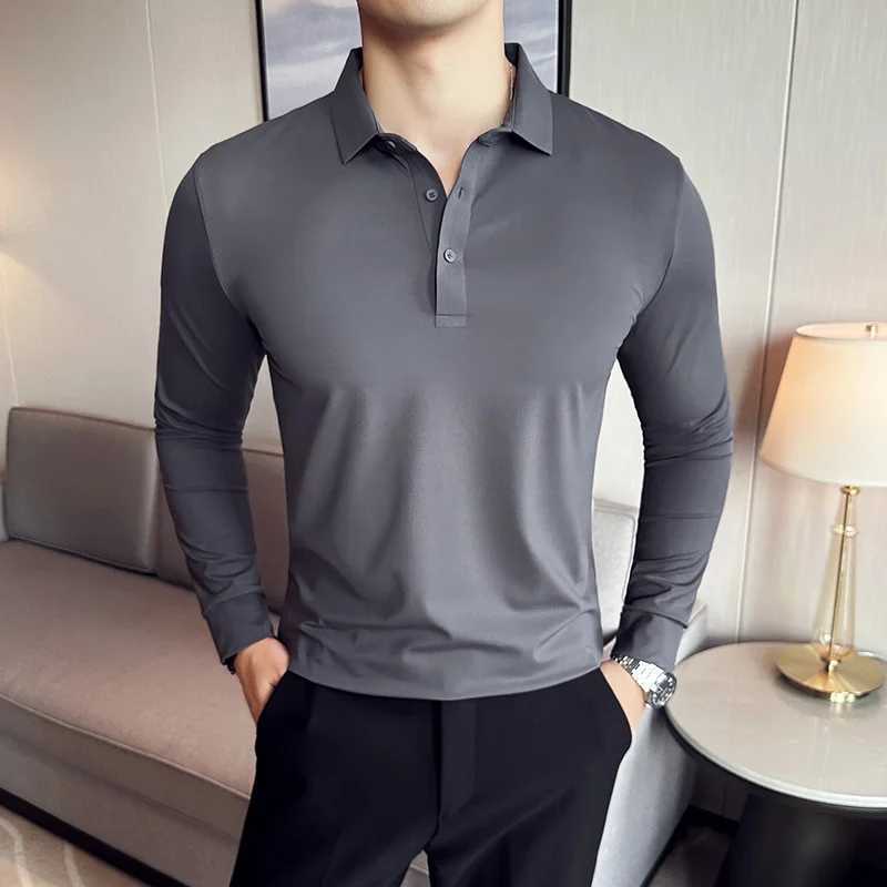 High Elasticity Men POLO Shirt 2023 Autumn Base Tops Ice Silk Fabric Solid Casual Long Sleeve POLO Shirt Casual Slim Fit T ShirtXJ240906