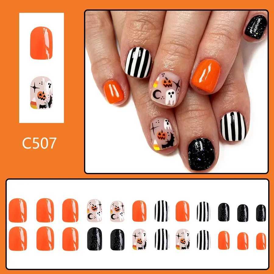 24 Halloween themed short square glossy nail set ghost striped pumpkin bat French pumpkin color block style fake nails W240905