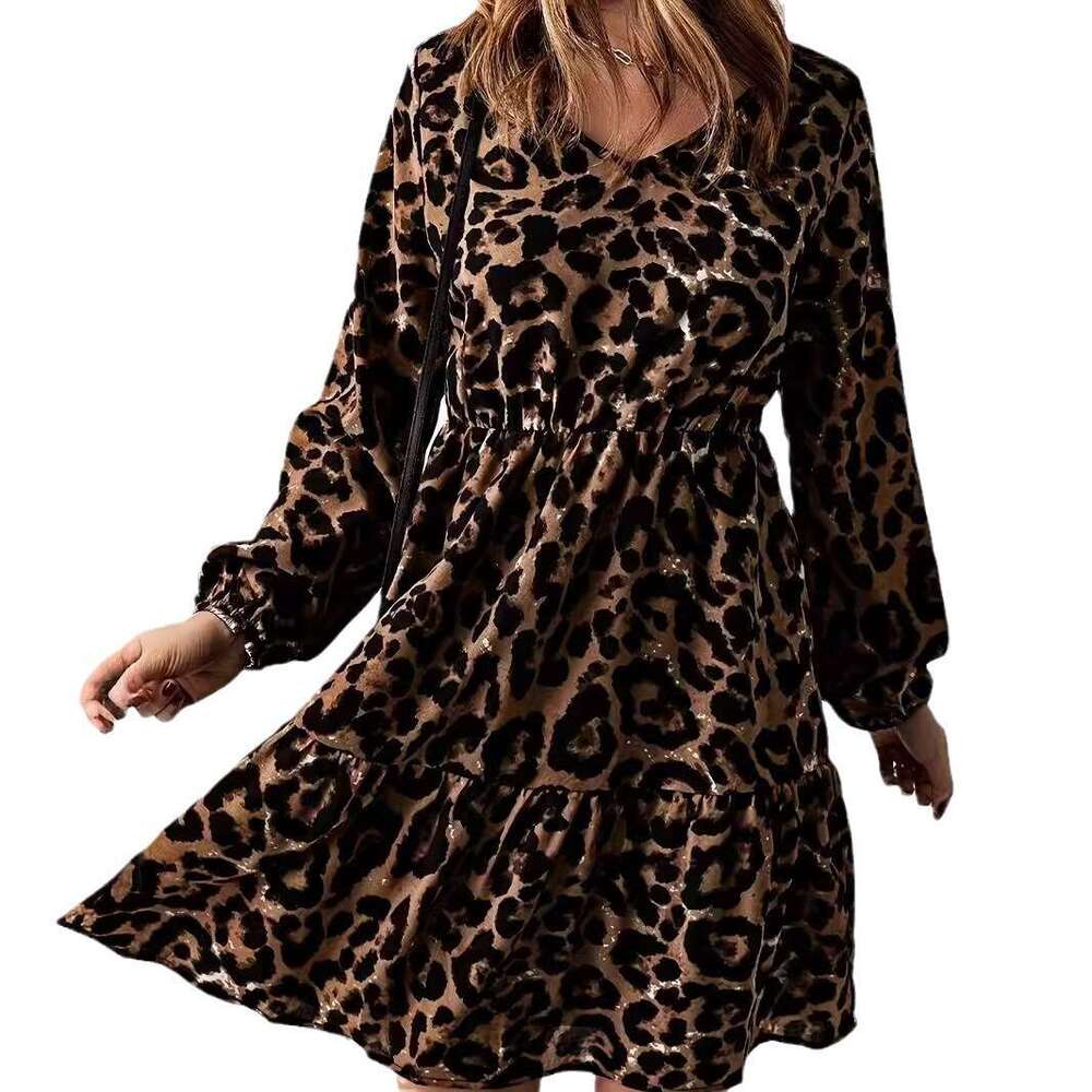 2024 autumn new leopard print long sleeved dress women, casual waist cinched V-neck knee length short skirt for women