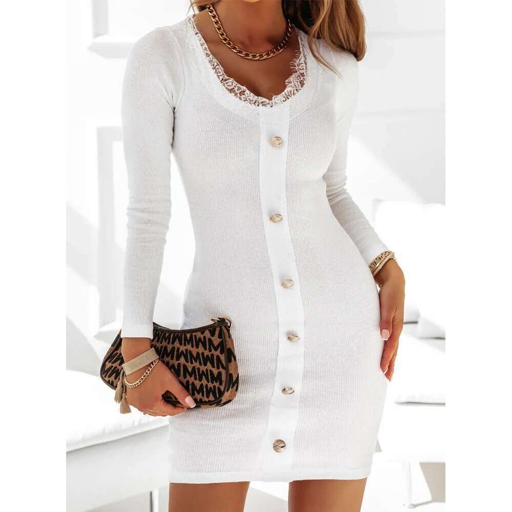 2023 style casual knitted ribbed dress with long sleeves, hip hugging buttons, waist cinching women's clothing