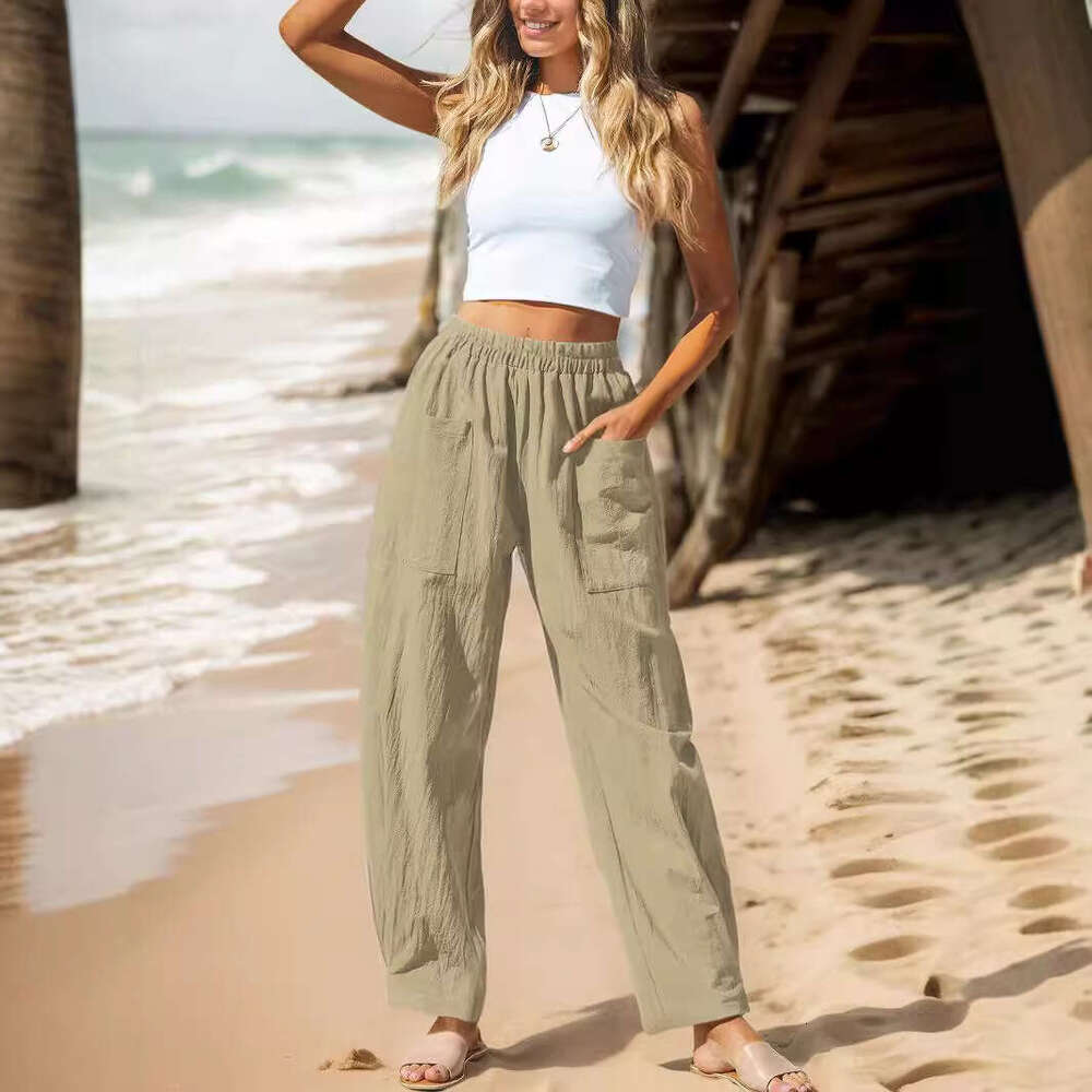 2024 Women's Cotton and Hemp Casual Vacation Style Elastic Waist Banana Pants Work Bag