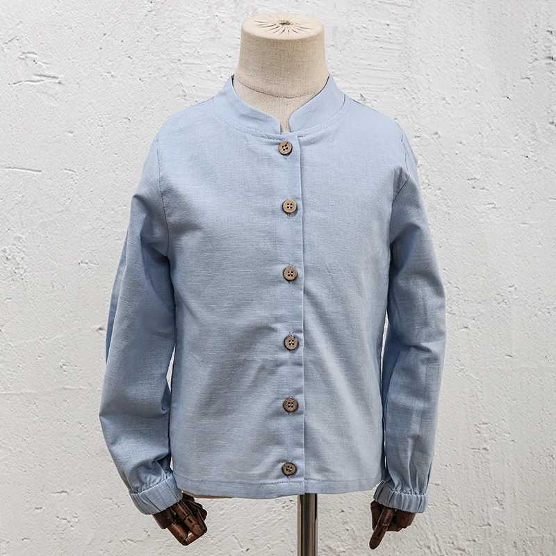 Boys Stand-Up Collar Linen Shirt 2024 Autumn New Childrens Single-Breasted Casual Daily British Style Long-Sleeved Shirts Y240906