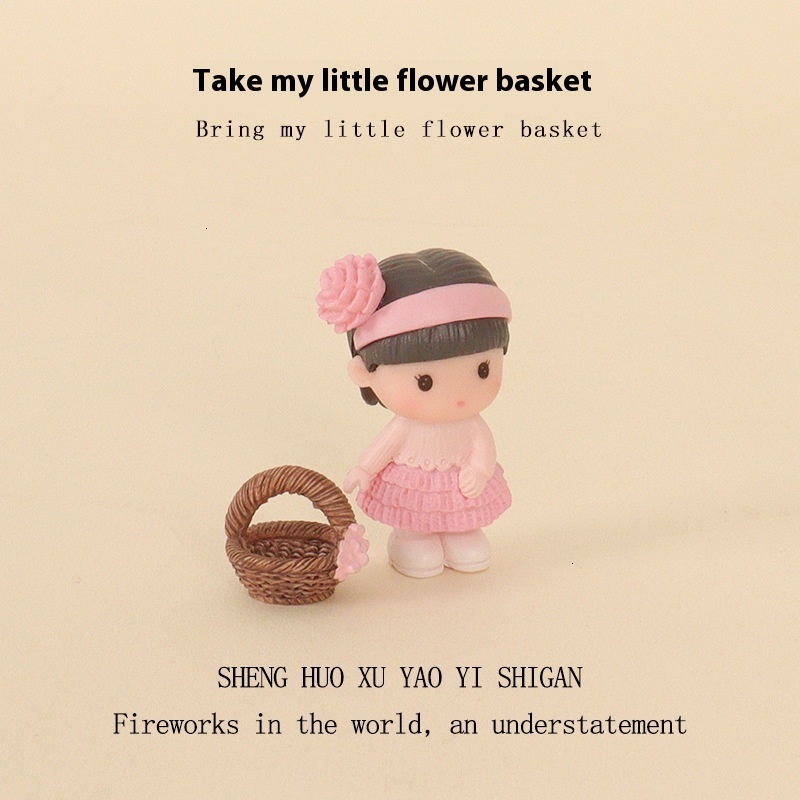 Cartoon Mini House Cute Little Girl Flower Basket Vegetable Micro Landscape Model Home Decoration Desktop Ornament