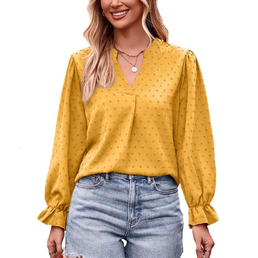 2024 Autumn New Womens Jacquard T-shirt V-neck Loose Long Umbrella Sleeve Top