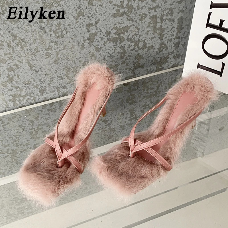 Eilyken Faux Fur Slipper High Heels Shoes Fall Street Females Square Head Toe Clip-On Sandals Women 240904