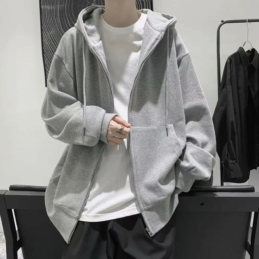 Mens Cardigan Sweatshirt Loose Fit Hooded Zippered Jacket Korean Style Trendy Casual Clothing Spring Autumn Arrival 240906