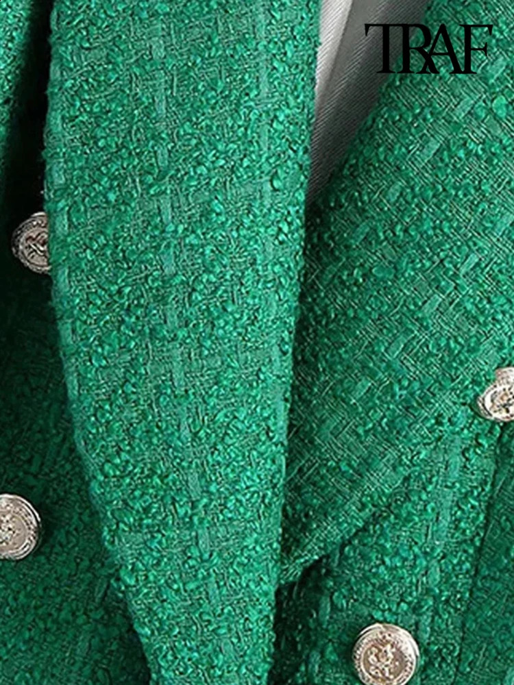 TRAF Women Fashion Double Breasted Tweed Green Blazer Coat Vintage Long Sleeve Flap Pockets Female Outerwear Chic Veste 240904