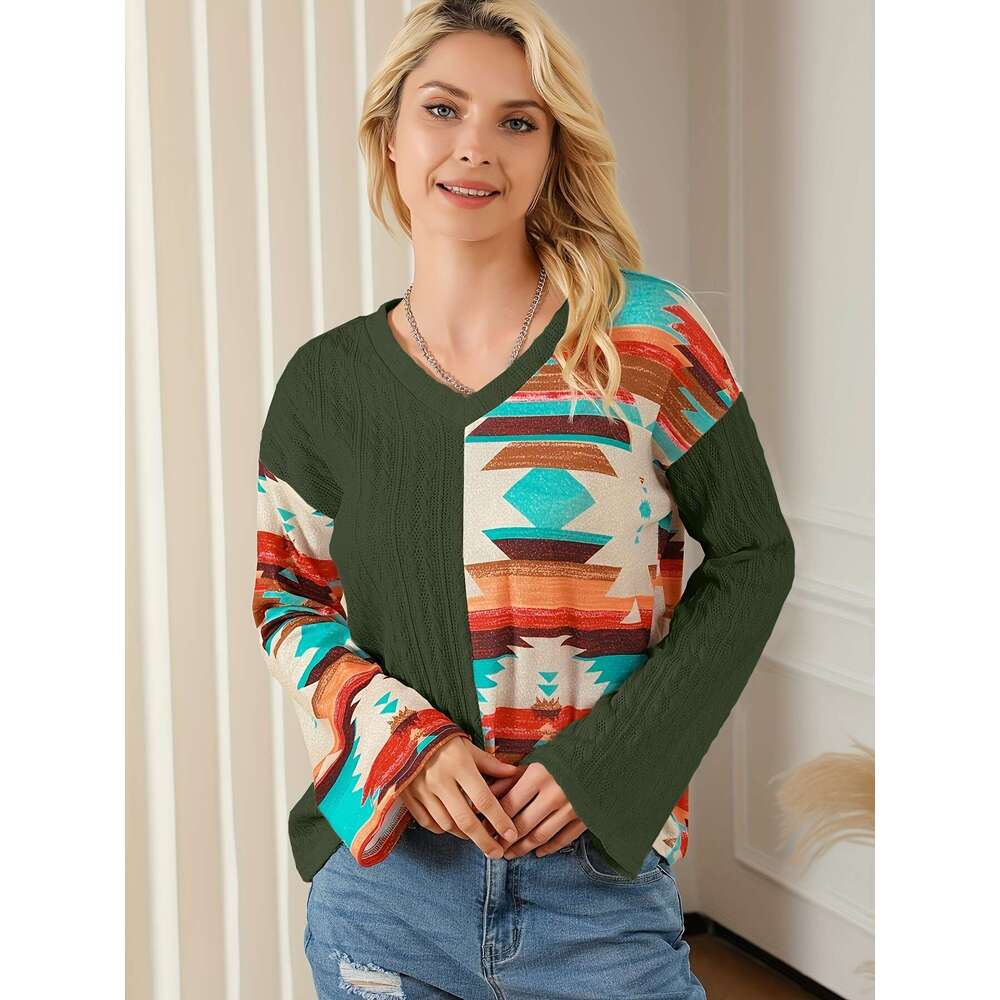 2024 Autumn/Winter New Knitted Hoodie Women's Personalized Splicing Printed Sweater Long Sleeve Women
